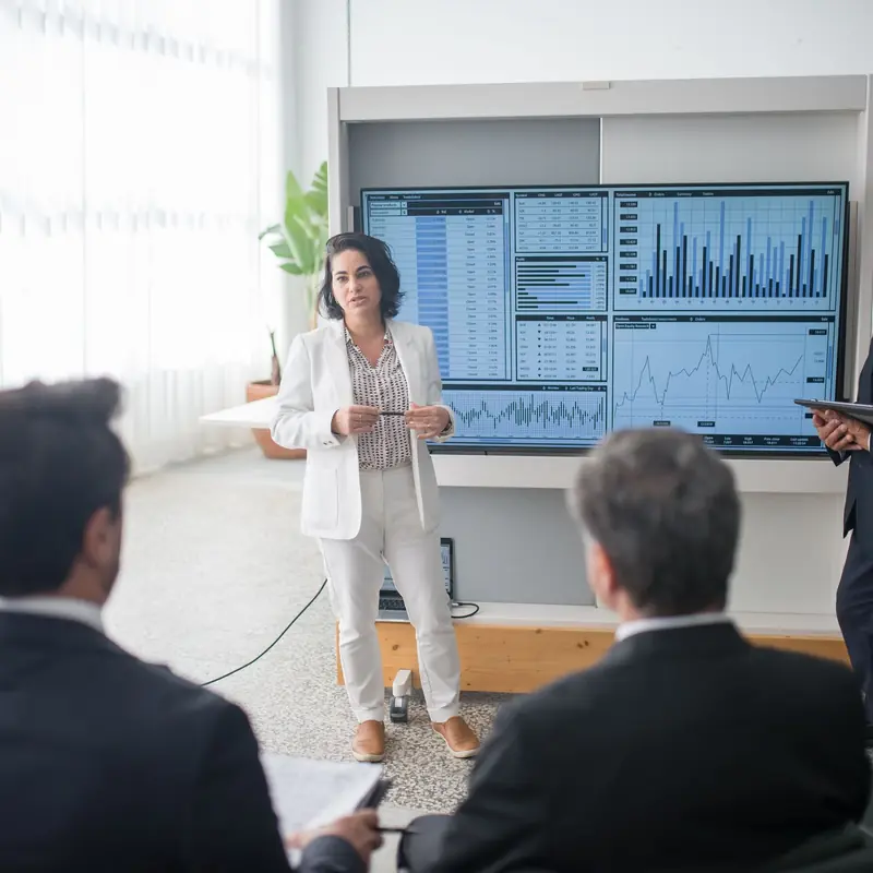 Project controls lead presenting performance dashboards to senior stakeholders in a review meeting