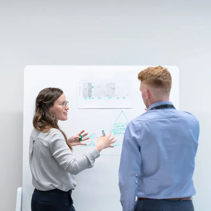 Two consultants working through a process and risk framework at a whiteboard workshop